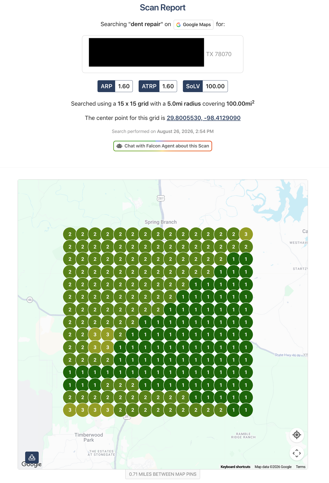 Anonymized GHL Meets SEO local SEO search grid for Dent Repair from August 26 2026, using a 15 by 15 Google Maps grid across a 5-mile radius and 100-square-mile area, showing almost entirely number one and number two local ranking positions.