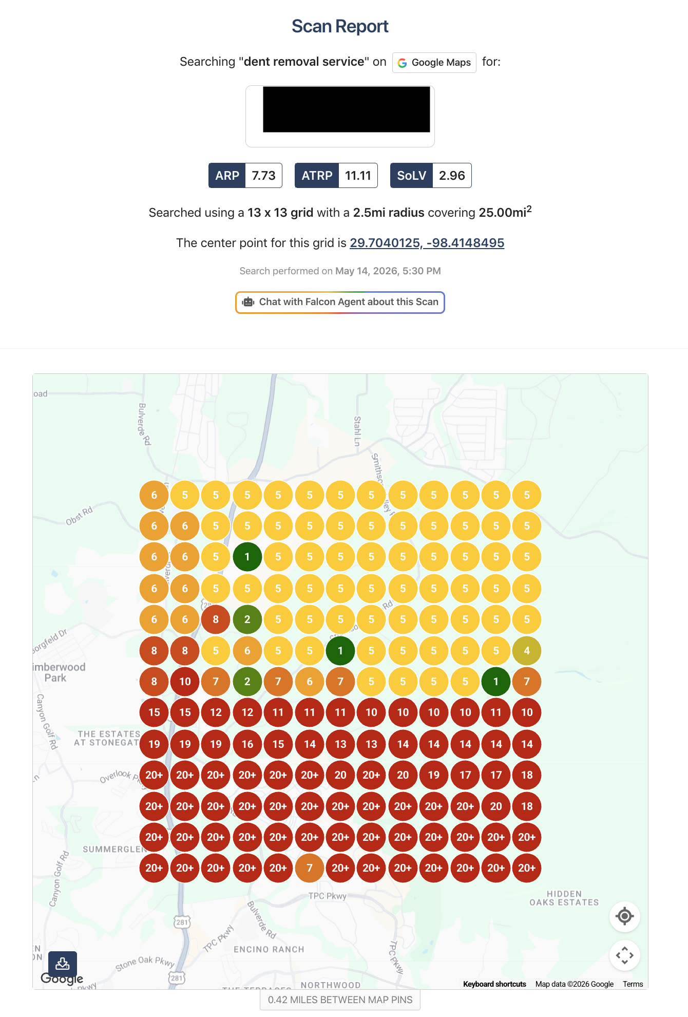Anonymized GHL Meets SEO local SEO search grid for Dent Removal Service from May 14 2026, using a 13 by 13 Google Maps grid across a 2.5-mile radius and 25-square-mile area, with many ranking positions outside the primary local Map Pack.
