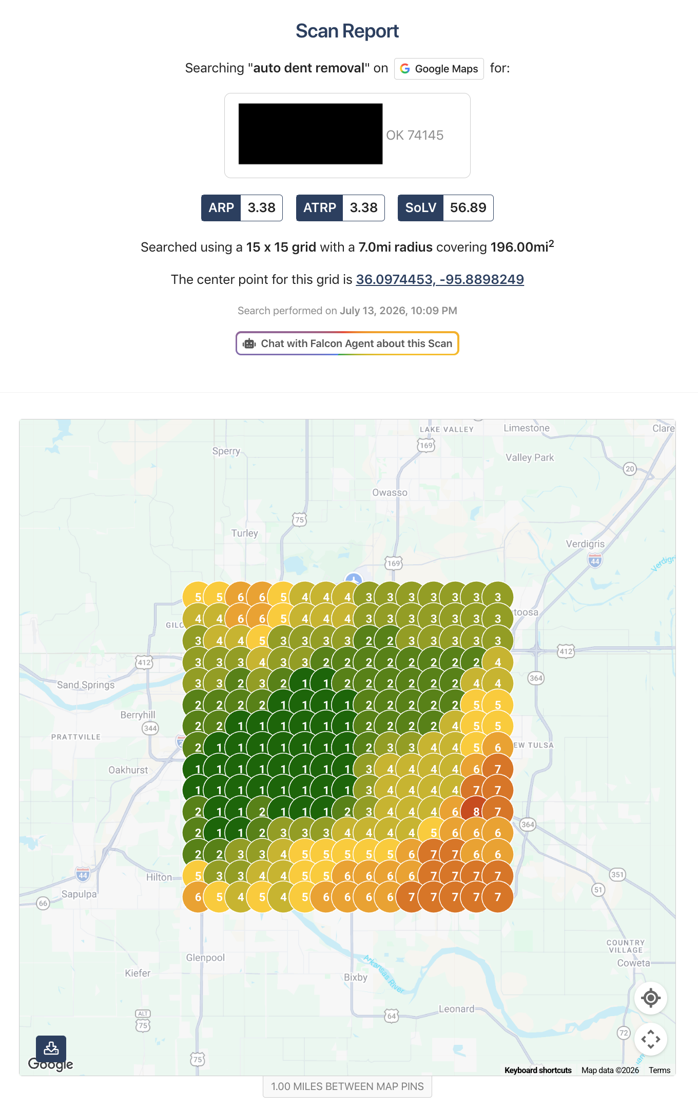 Anonymized GHL Meets SEO local SEO Google Maps search grid for Auto Dent Removal in the Tulsa market, using a 15 by 15 scan across a 7-mile radius and approximately 196 square miles to show ranking strength close to the business and across the surrounding search area.