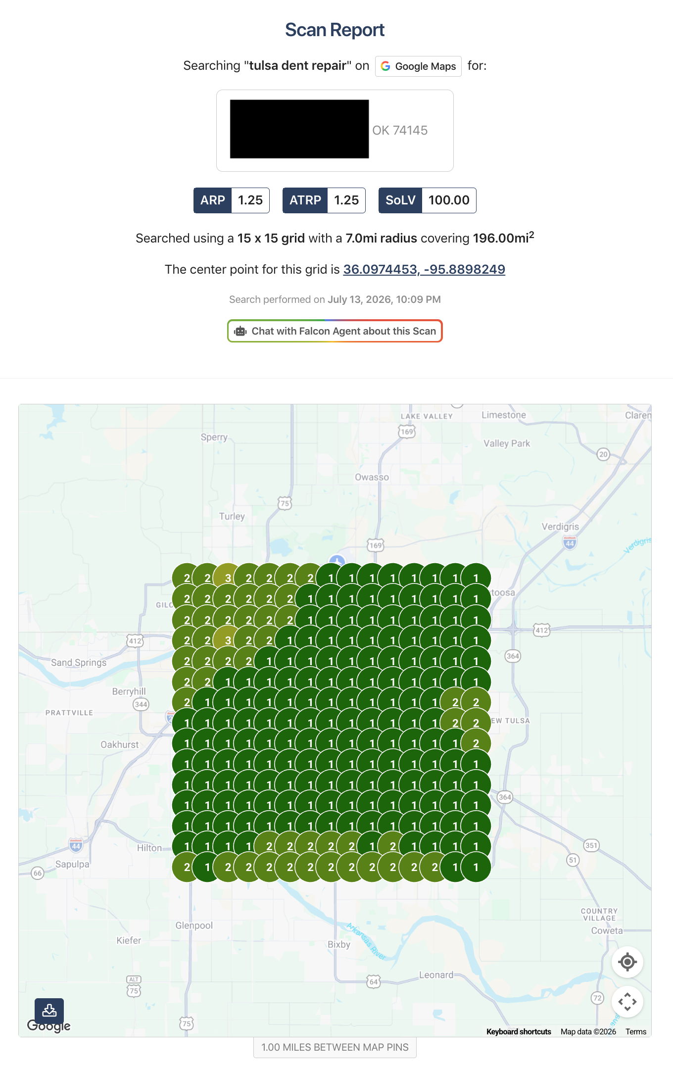Anonymized GHL Meets SEO local SEO search grid for Tulsa Dent Repair from July 2026, using a 15 by 15 Google Maps grid across a 7-mile radius and 196-square-mile area, with ARP 1.25, ATRP 1.25, SoLV 100, and nearly all tested locations ranking in positions 1 or 2.