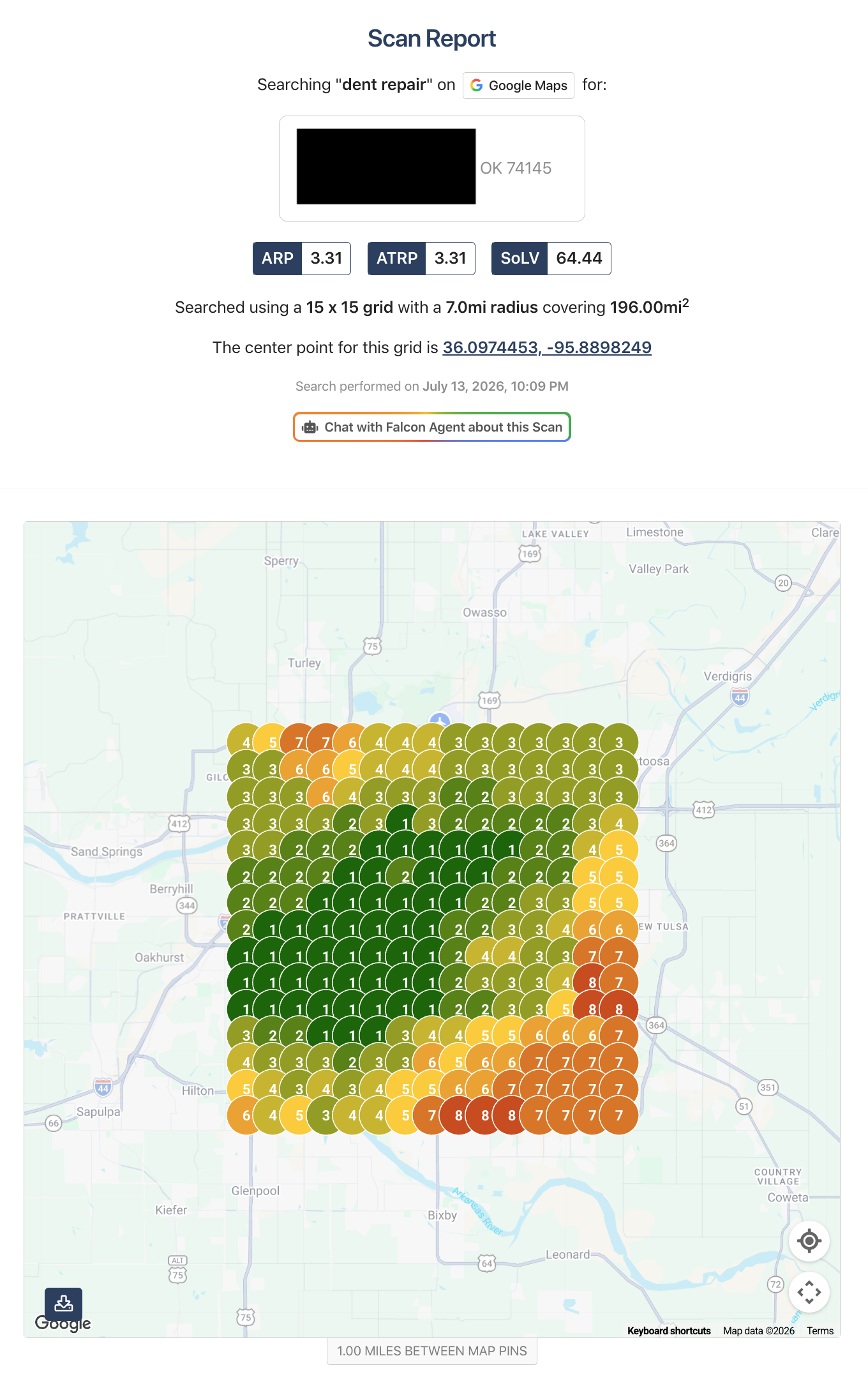 Anonymized GHL Meets SEO local SEO Google Maps search grid for Dent Repair in the Tulsa market, using a broad 15 by 15 scan across a 7-mile radius and approximately 196 square miles to measure how local ranking visibility changes across the market.