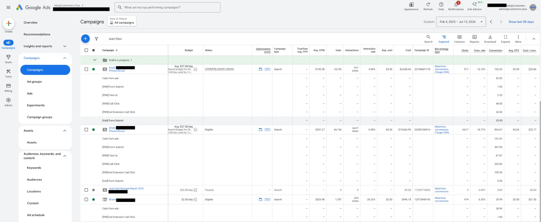 Anonymized GHL Meets SEO Google Ads performance screenshot for a dent repair business showing the longer account view from February 4 2025 through July 13 2026, used as the baseline for impressions, clicks, interaction rate, average CPC, conversion rate, tracked conversions, spend, and cost per conversion.