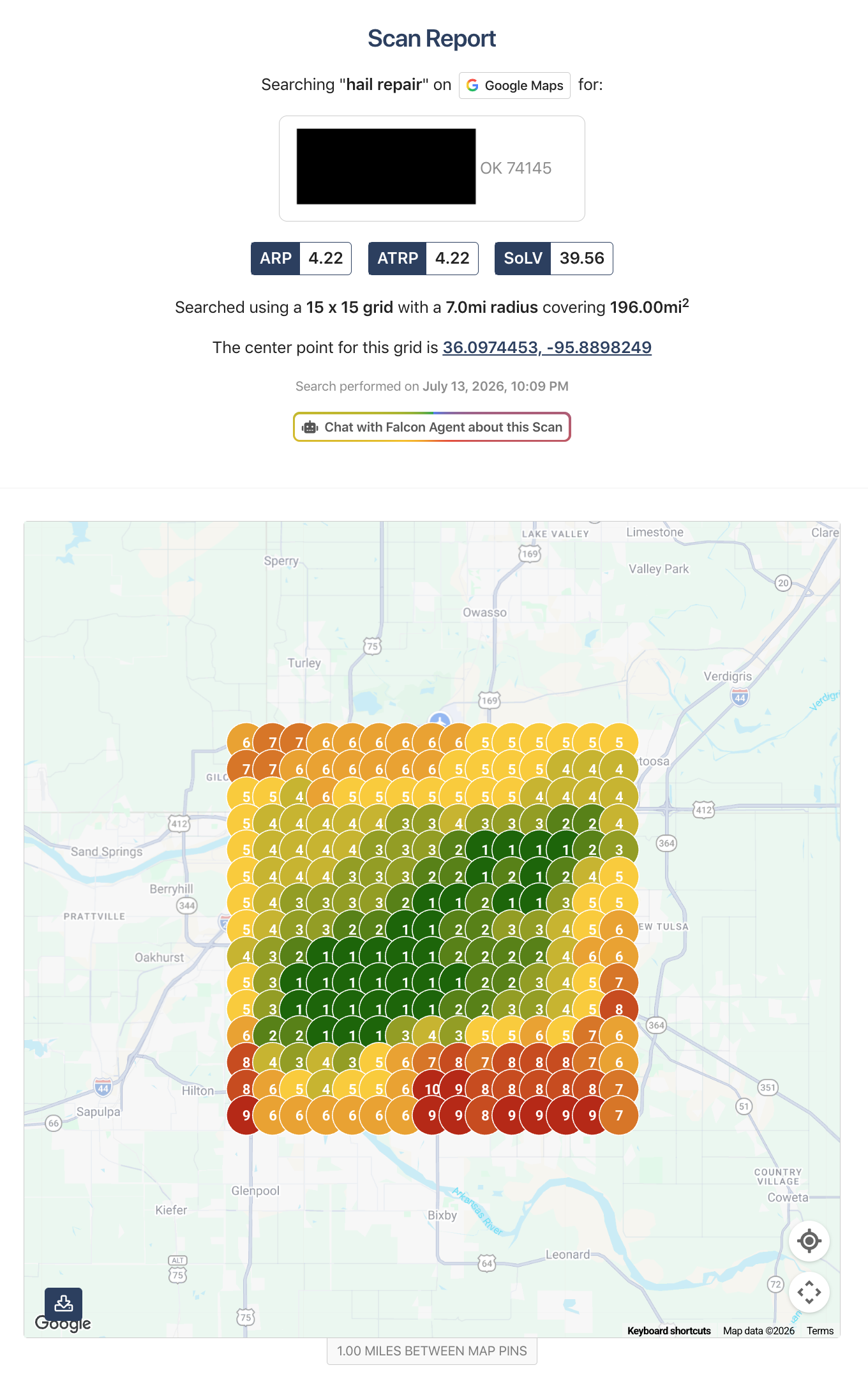 Anonymized GHL Meets SEO local SEO Google Maps search grid for Hail Repair in the Tulsa market, using a 15 by 15 scan across a 7-mile radius and approximately 196 square miles to benchmark visibility for a seasonal high-value dent repair service.