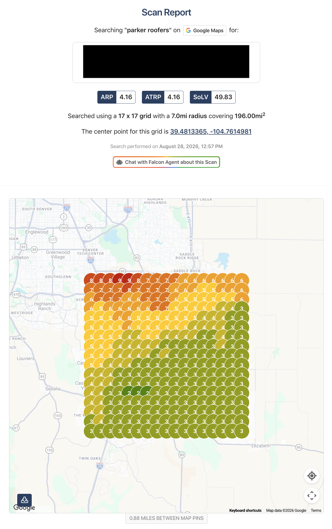 Google Maps search grid for Parker Roofers from August 28 2026 showing ARP 4.16, ATRP 4.16 and Share of Local Voice 49.83.
