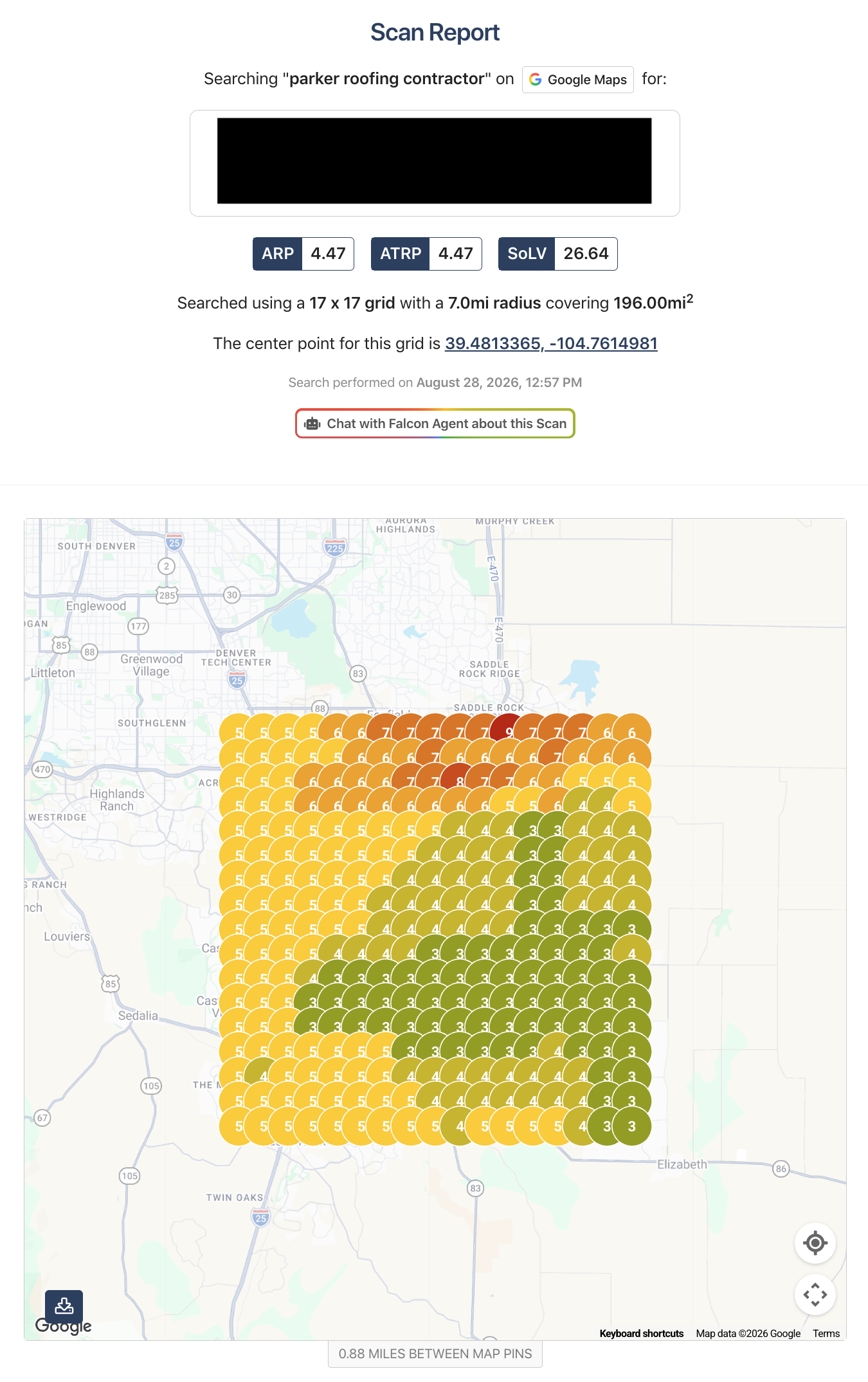 Google Maps search grid for Parker Roofing Contractor on August 28 2026 showing ARP 4.47, ATRP 4.47 and Share of Local Voice 26.64.