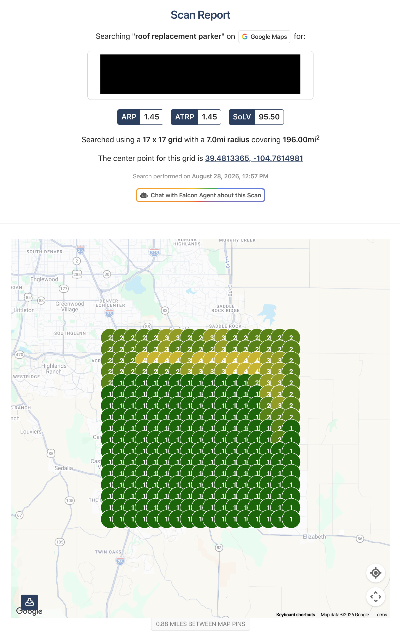 Google Maps search grid for Roof Replacement Parker on August 28 2026 showing ARP 1.45, ATRP 1.45 and Share of Local Voice 95.50 across a 17 by 17 grid.