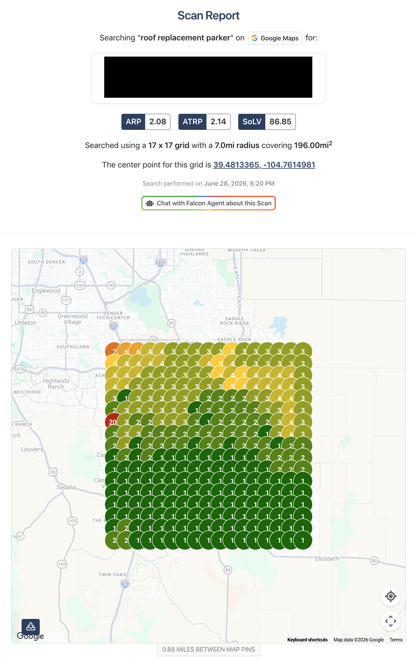Google Maps search grid for Roof Replacement Parker on June 28 2026 showing ARP 2.08, ATRP 2.14 and Share of Local Voice 86.85 across a 17 by 17 grid.