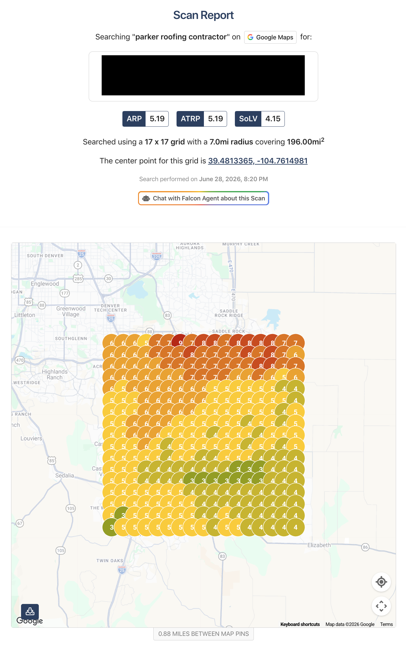 Google Maps search grid for Parker Roofing Contractor on June 28 2026 showing ARP 5.19, ATRP 5.19 and Share of Local Voice 4.15.