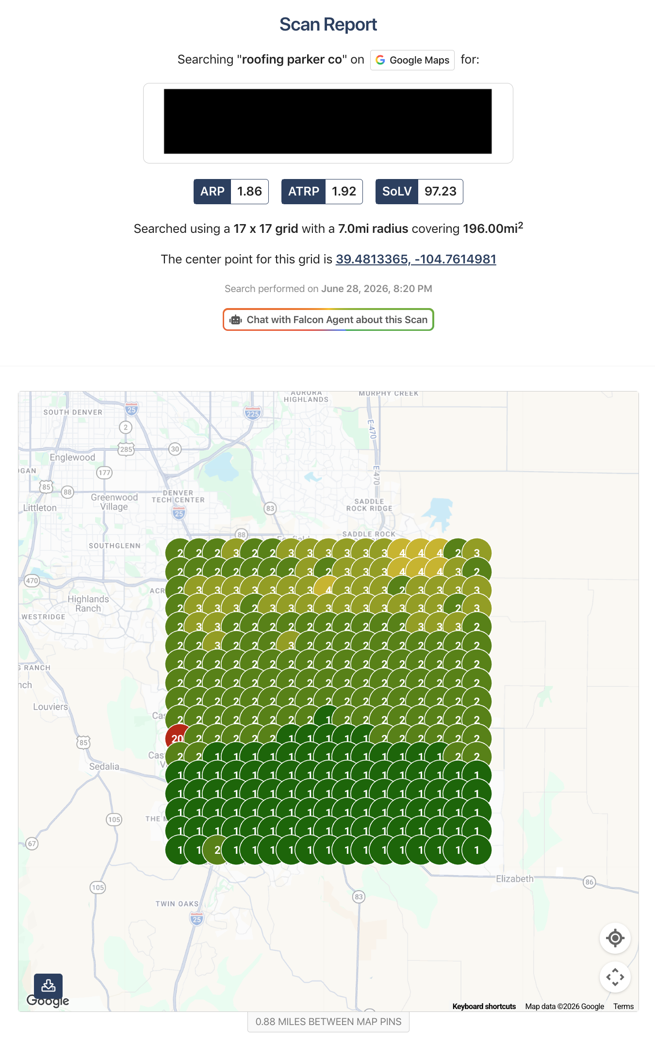 Google Maps search grid for Roofing Parker CO from June 28 2026 showing ARP 1.86, ATRP 1.92 and Share of Local Voice 97.23.