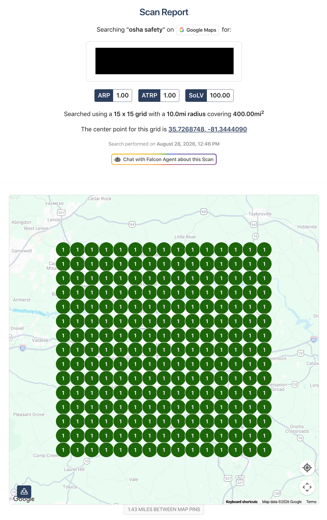 Google Maps search grid for OSHA Safety showing ARP 1.00, ATRP 1.00 and Share of Local Voice 100 across a 10-mile radius.