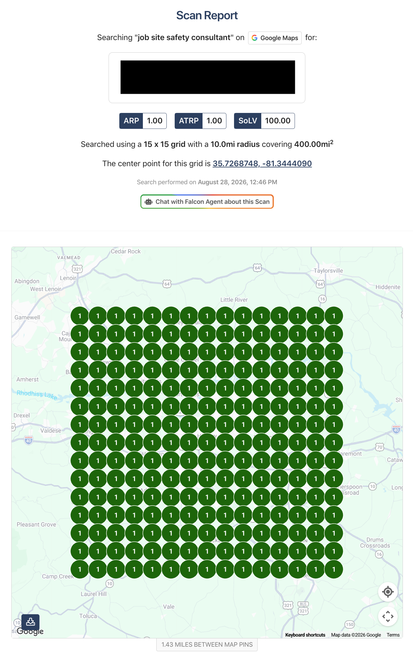 Google Maps search grid for Job Site Safety Consultant showing position-one local visibility throughout a 400-square-mile scan around Hickory North Carolina.