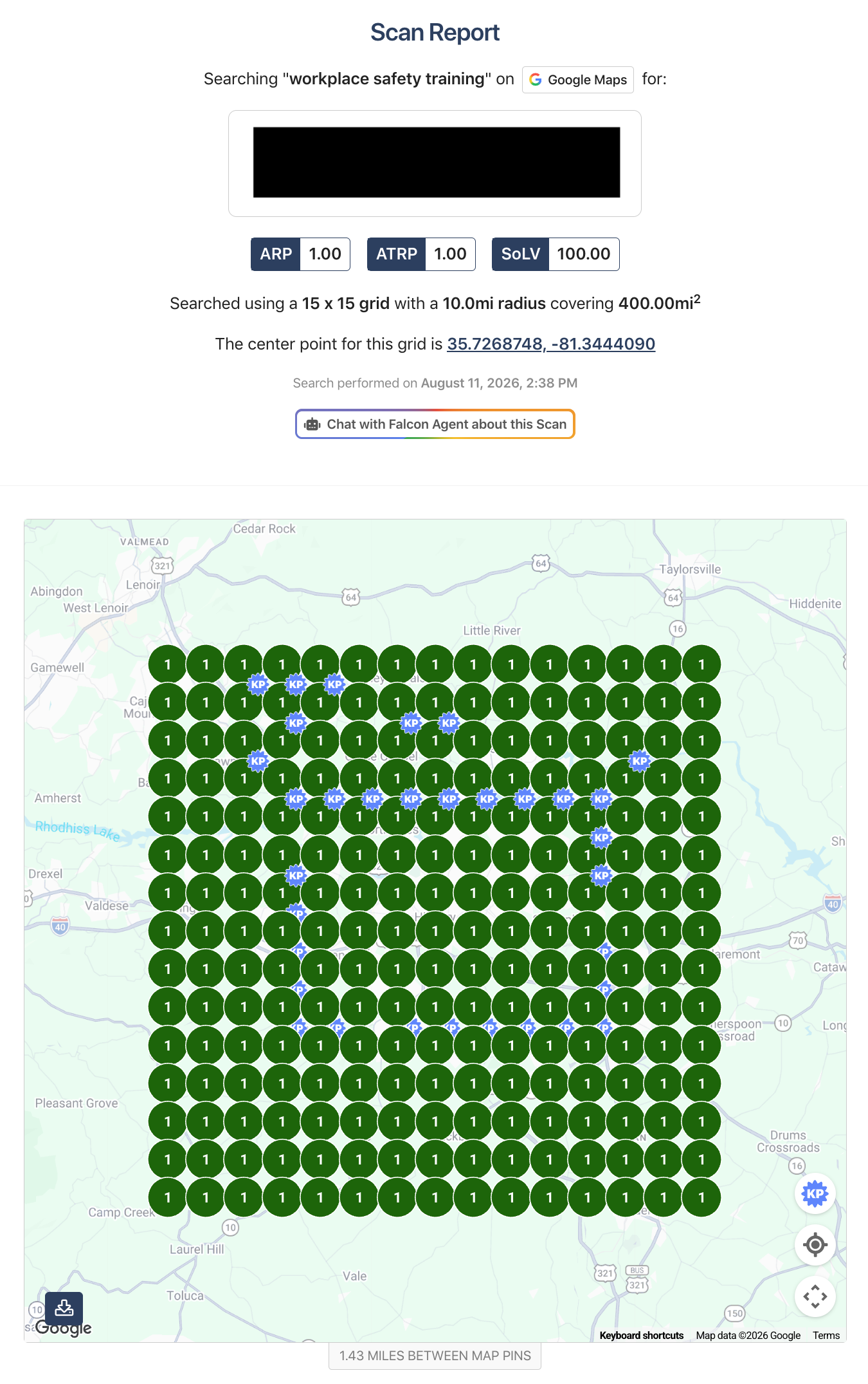 Google Maps search grid for Workplace Safety Training showing top local visibility across a 15 by 15 grid covering 400 square miles around Hickory North Carolina.
