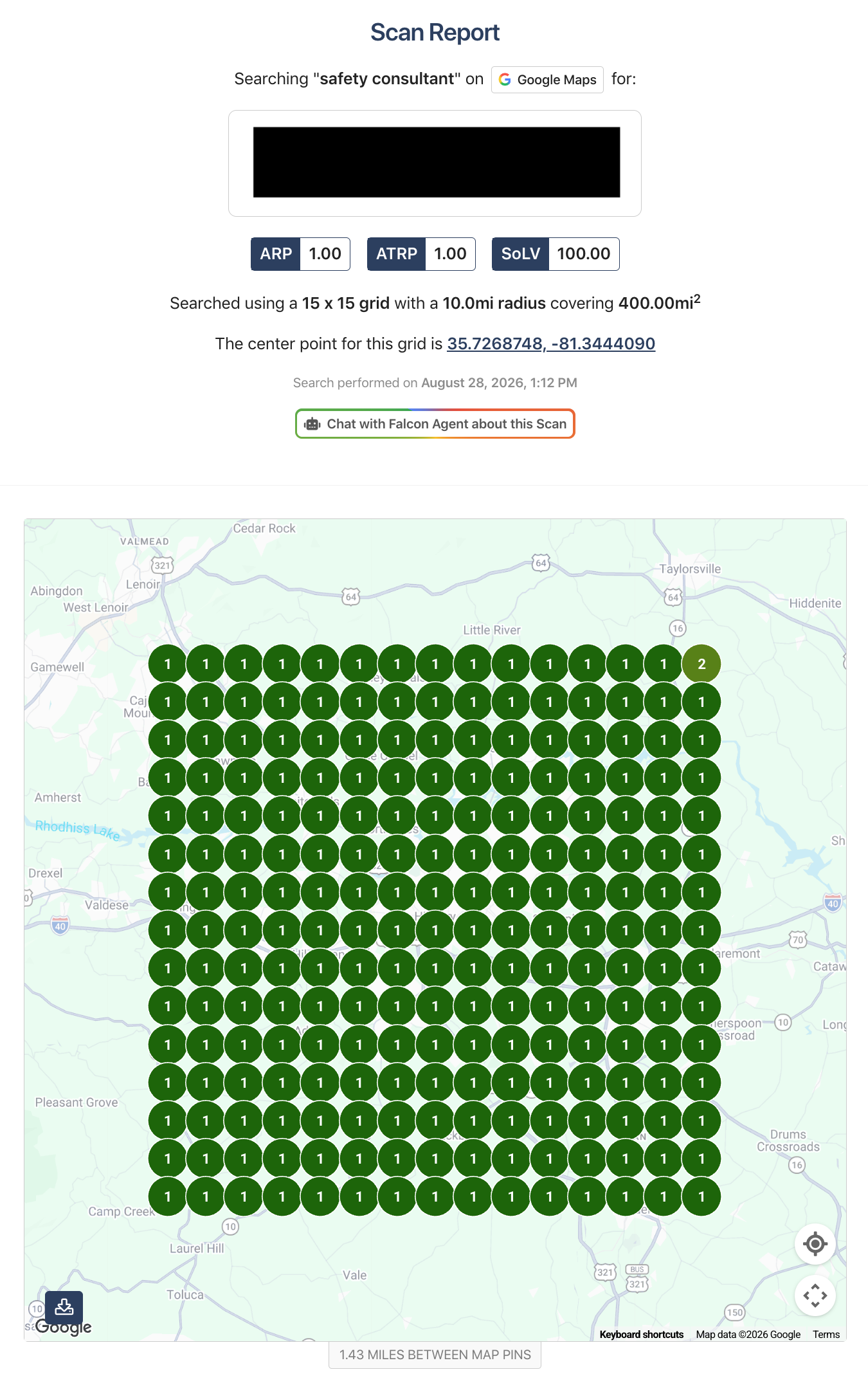 Google Maps search grid for Safety Consultant showing Share of Local Voice 100 across a 15 by 15 grid with a 10-mile radius around Hickory North Carolina.