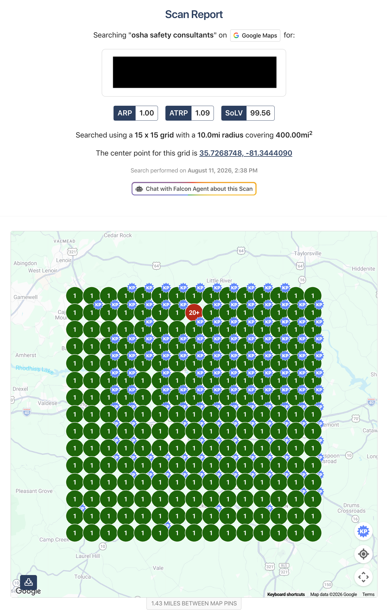 Google Maps search grid for OSHA Safety Consultants near Hickory North Carolina showing ARP 1.00, ATRP 1.09 and Share of Local Voice 99.56 across a 15 by 15 grid with a 10-mile radius.