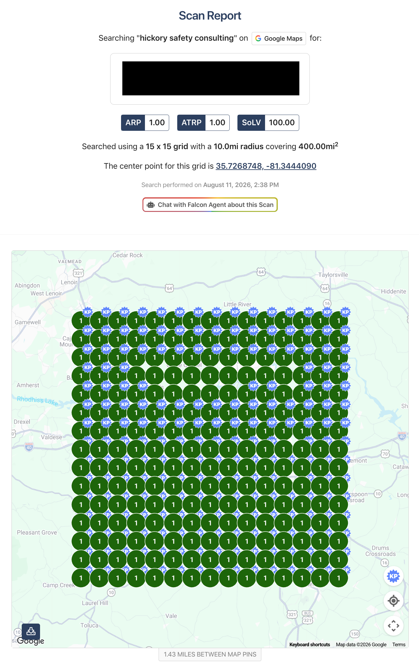Google Maps search grid for Hickory Safety Consulting showing ARP 1.00, ATRP 1.00 and Share of Local Voice 100 across a 400-square-mile scan.
