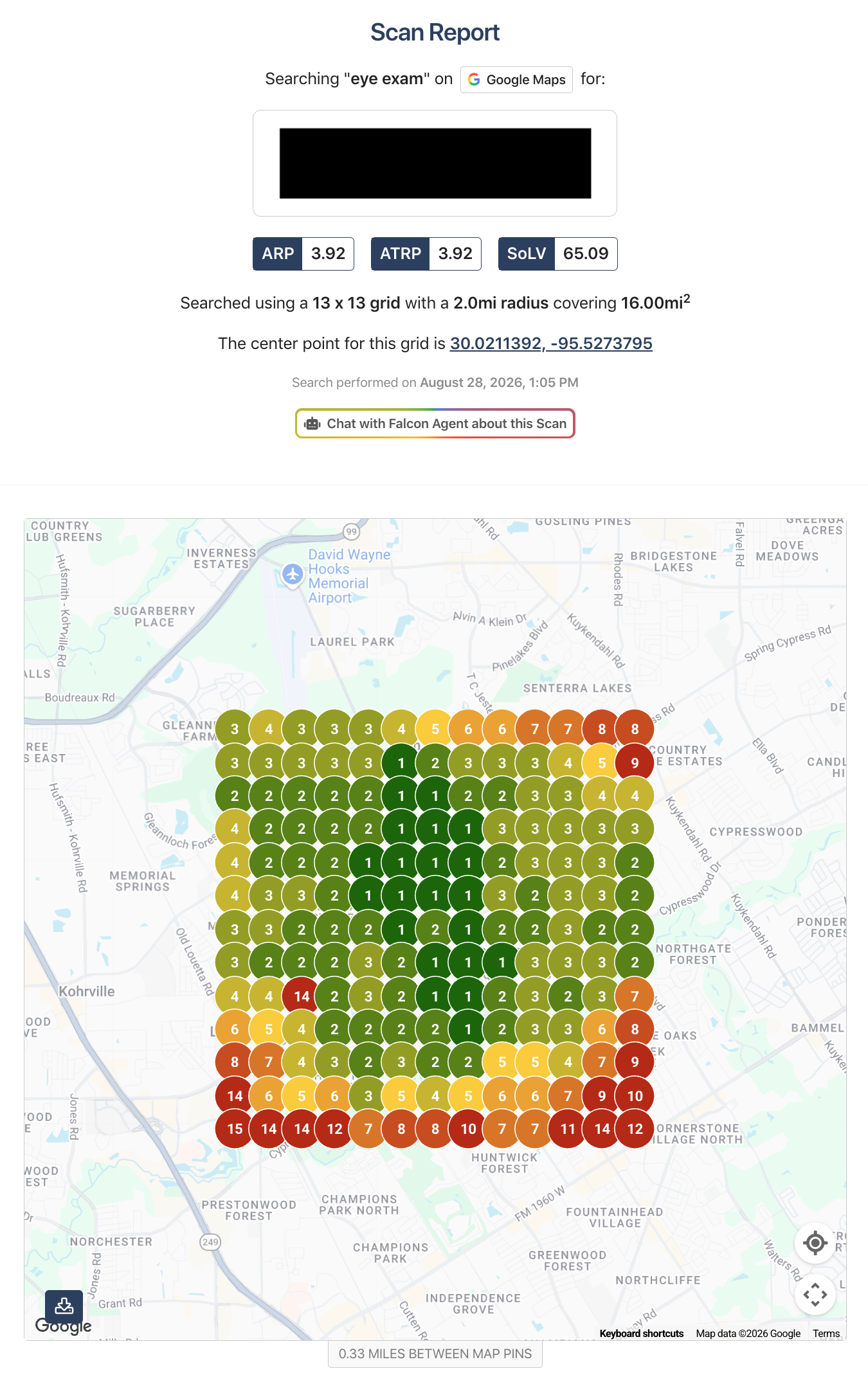Google Maps search grid for Eye Exam in Houston on August 28 2026 using a 13 by 13 grid across a 2-mile radius and 16-square-mile area.