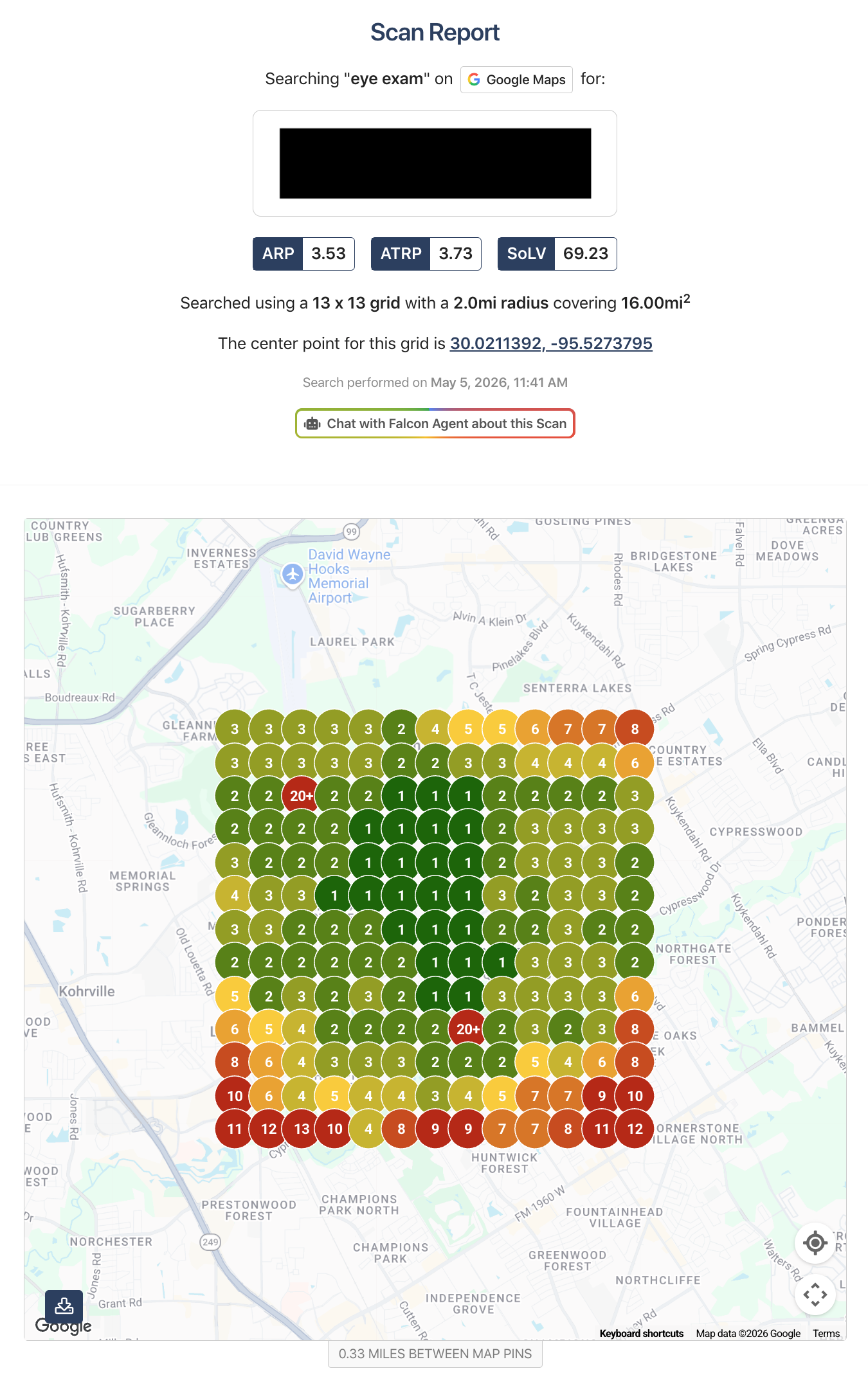 Google Maps search grid for Eye Exam in Houston on May 5 2026 using a 13 by 13 grid across a 2-mile radius and 16-square-mile area.
