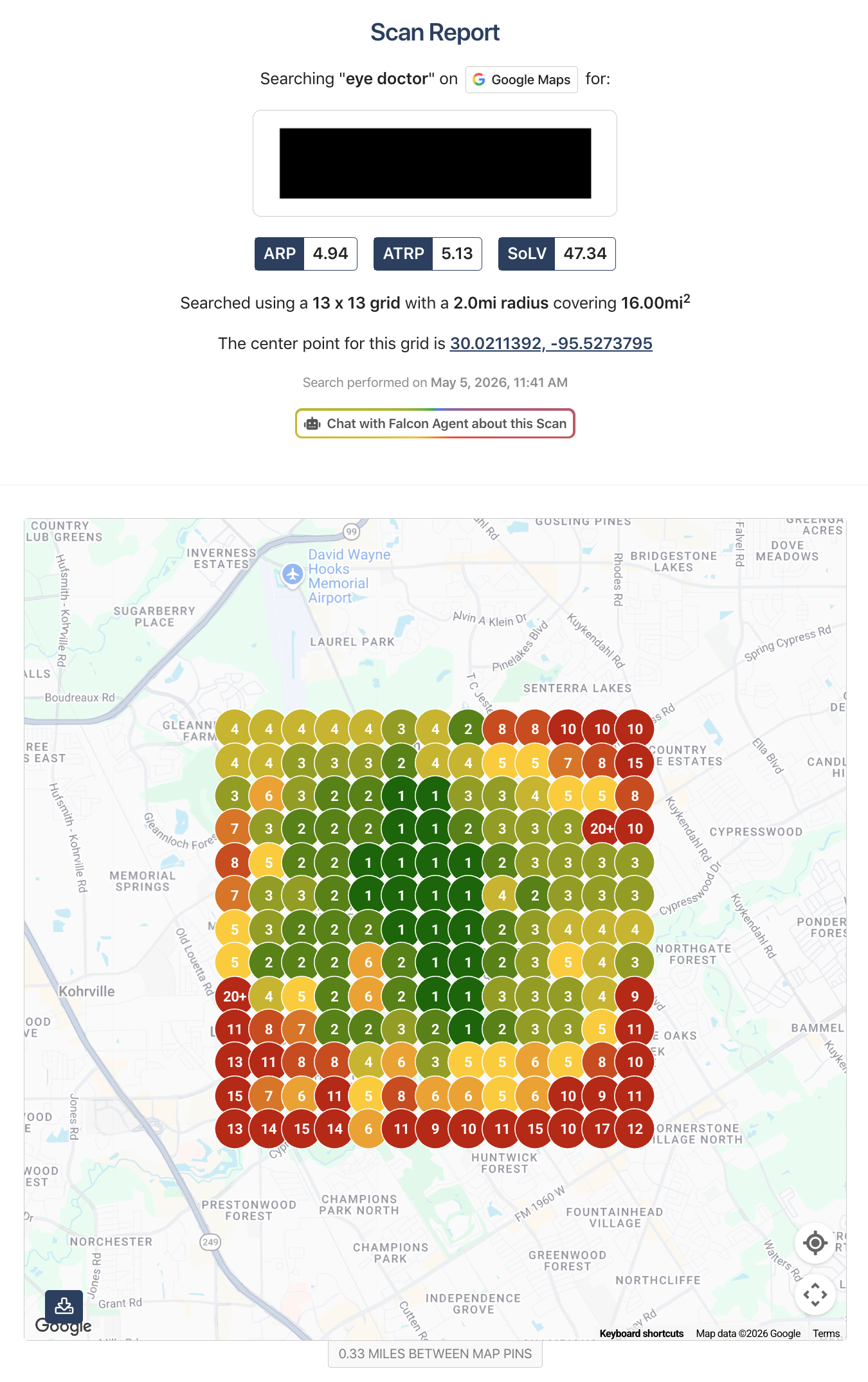 Google Maps search grid for Eye Doctor in Houston on May 5 2026 using a 13 by 13 grid across a 2-mile radius and 16-square-mile area.