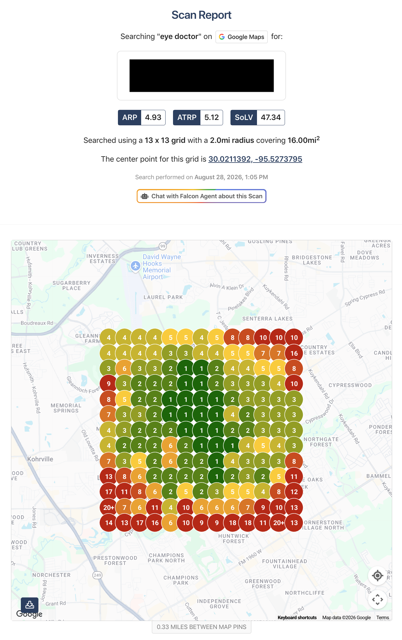 Google Maps search grid for Eye Doctor in Houston on August 28 2026 using a 13 by 13 grid across a 2-mile radius and 16-square-mile area.