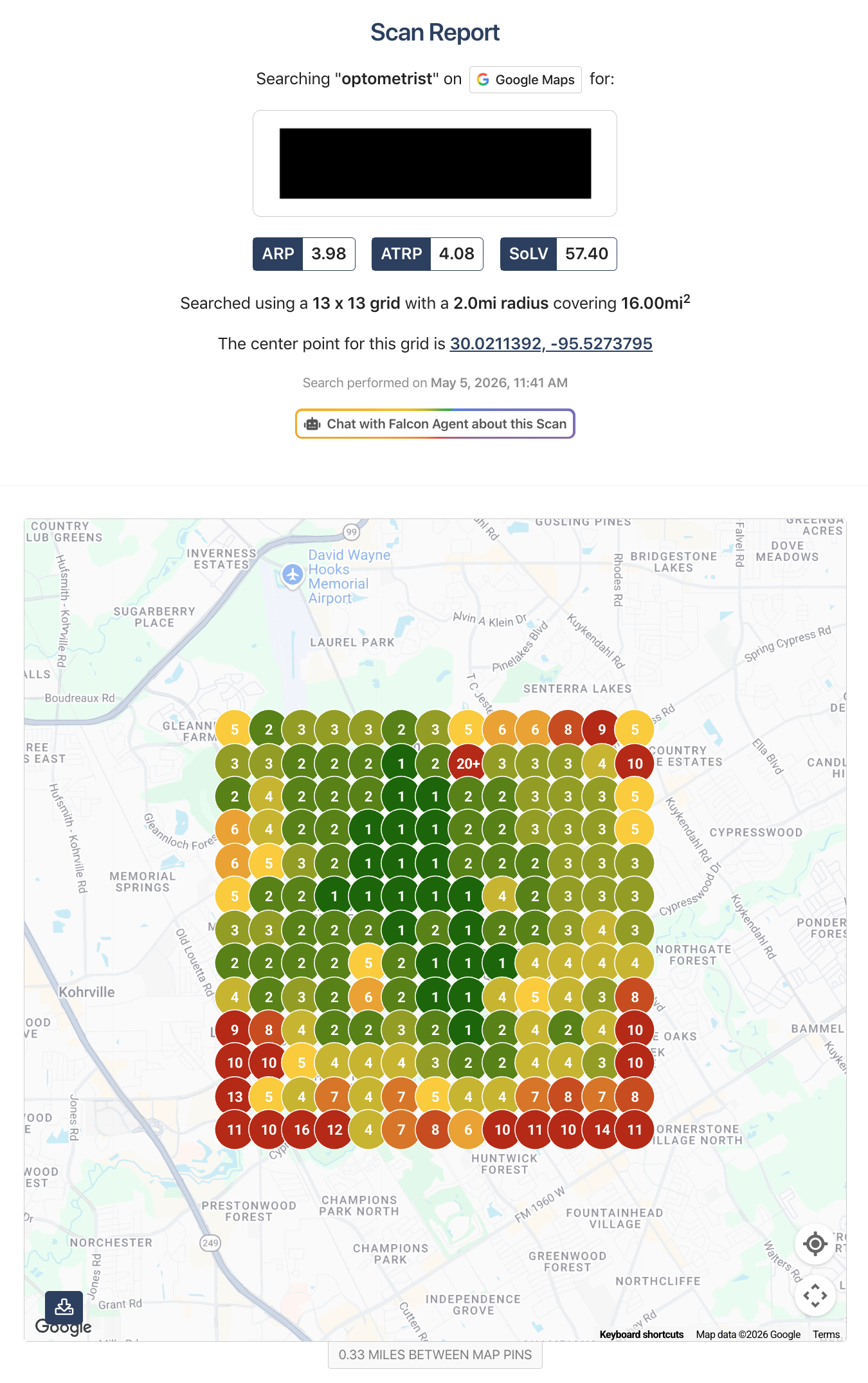 Google Maps search grid for Optometrist in Houston on May 5 2026 using a 13 by 13 grid across a 2-mile radius and 16-square-mile area.