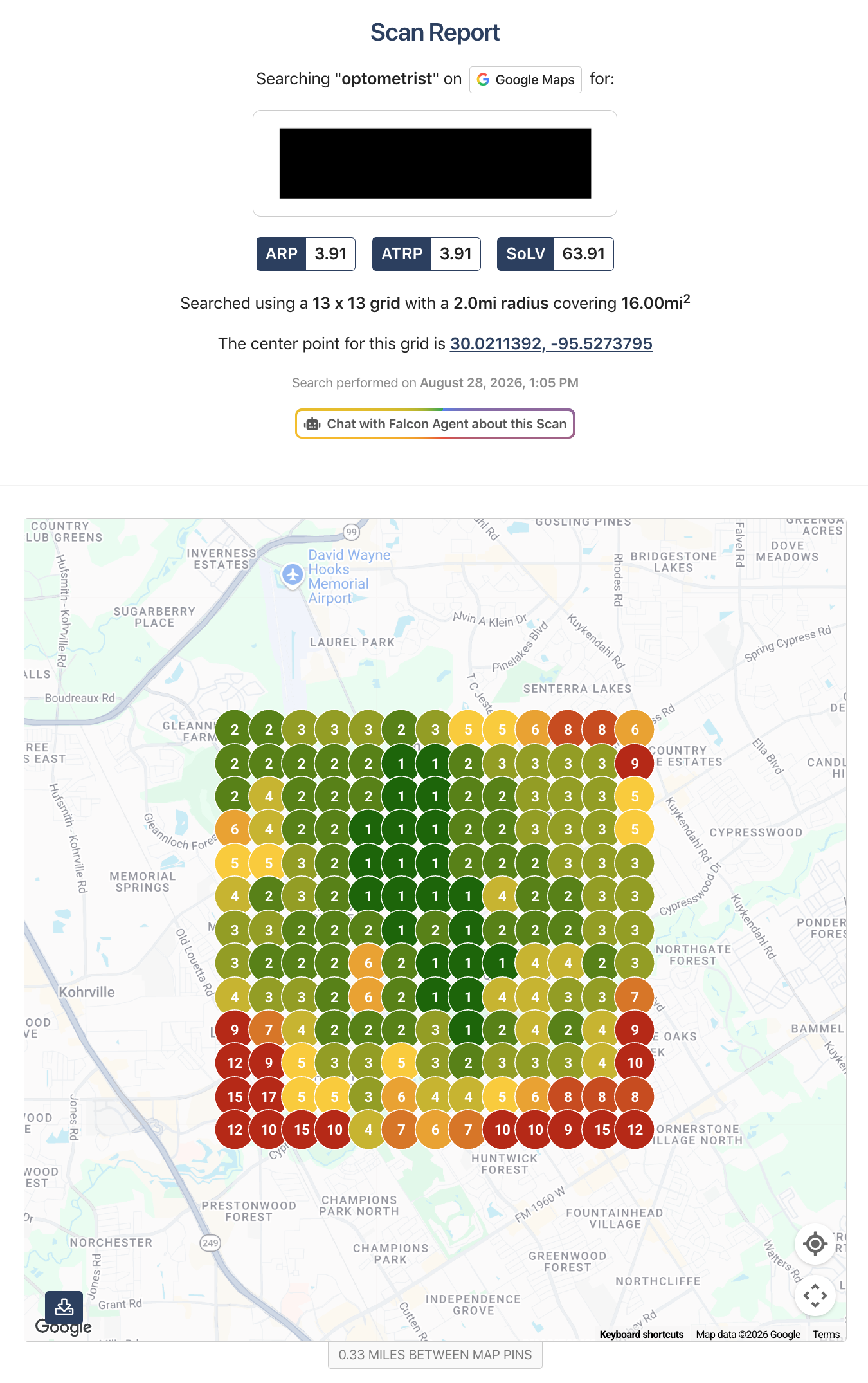 Google Maps search grid for Optometrist in Houston on August 28 2026 using a 13 by 13 grid across a 2-mile radius and 16-square-mile area.