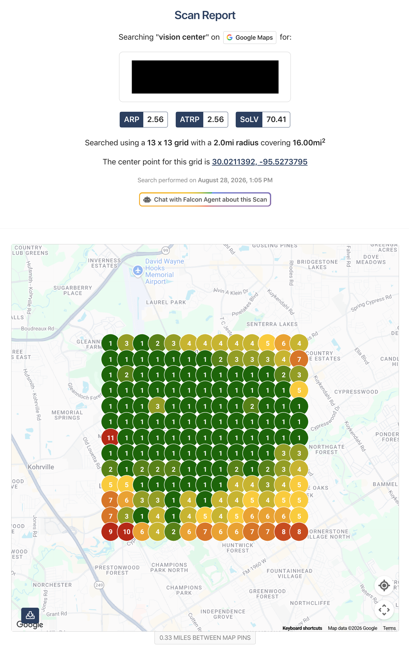 Google Maps search grid for Vision Center in Houston on August 28 2026 using a 13 by 13 grid across a 2-mile radius and 16-square-mile area.