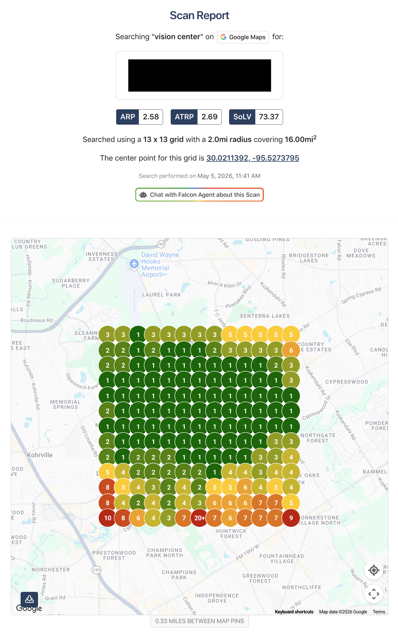 Google Maps search grid for Vision Center in Houston on May 5 2026 using a 13 by 13 grid across a 2-mile radius and 16-square-mile area.