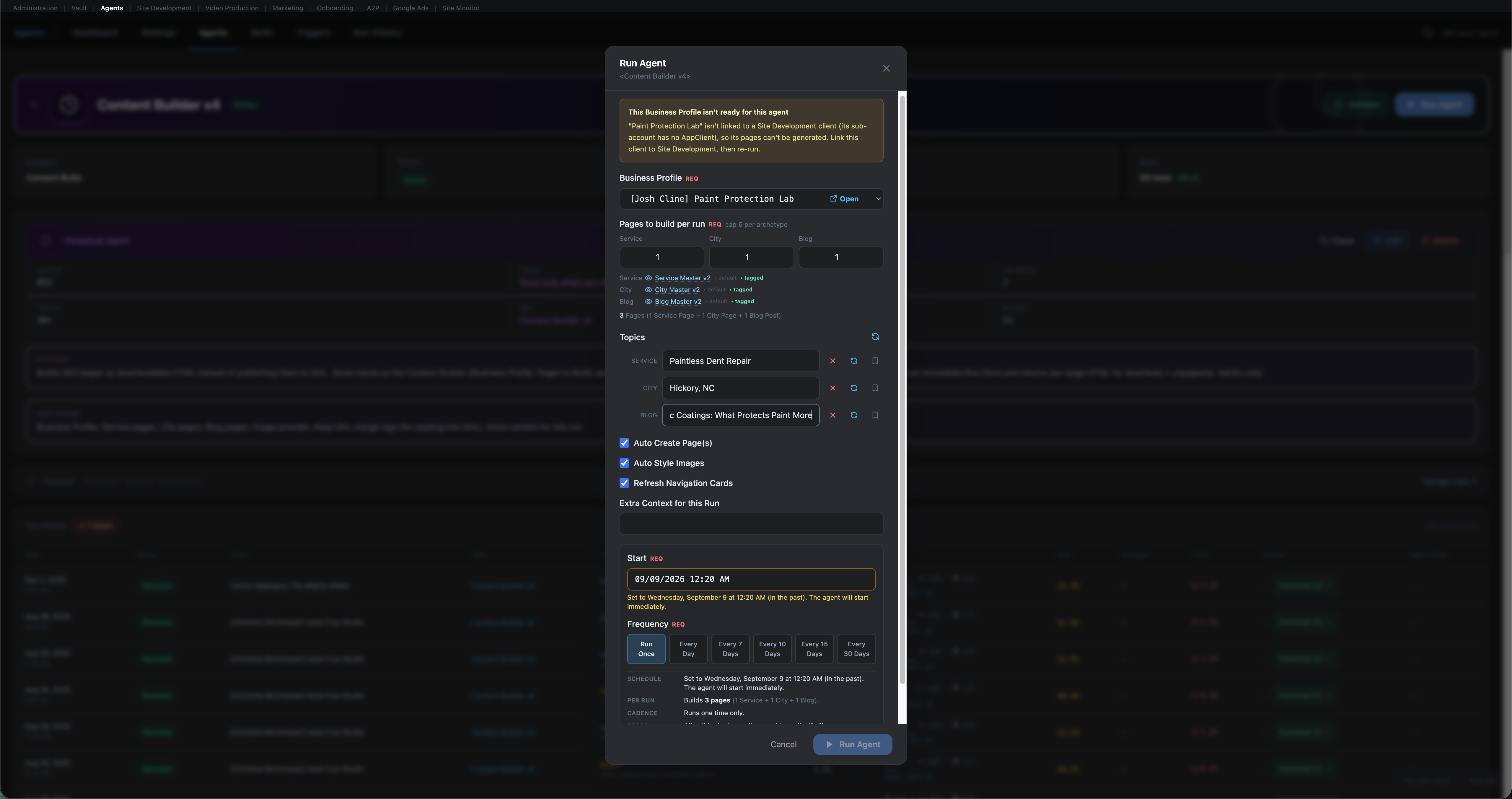 Current GHL Zone Content Builder run panel showing page counts, topics, run options, start time, and scheduling frequencies