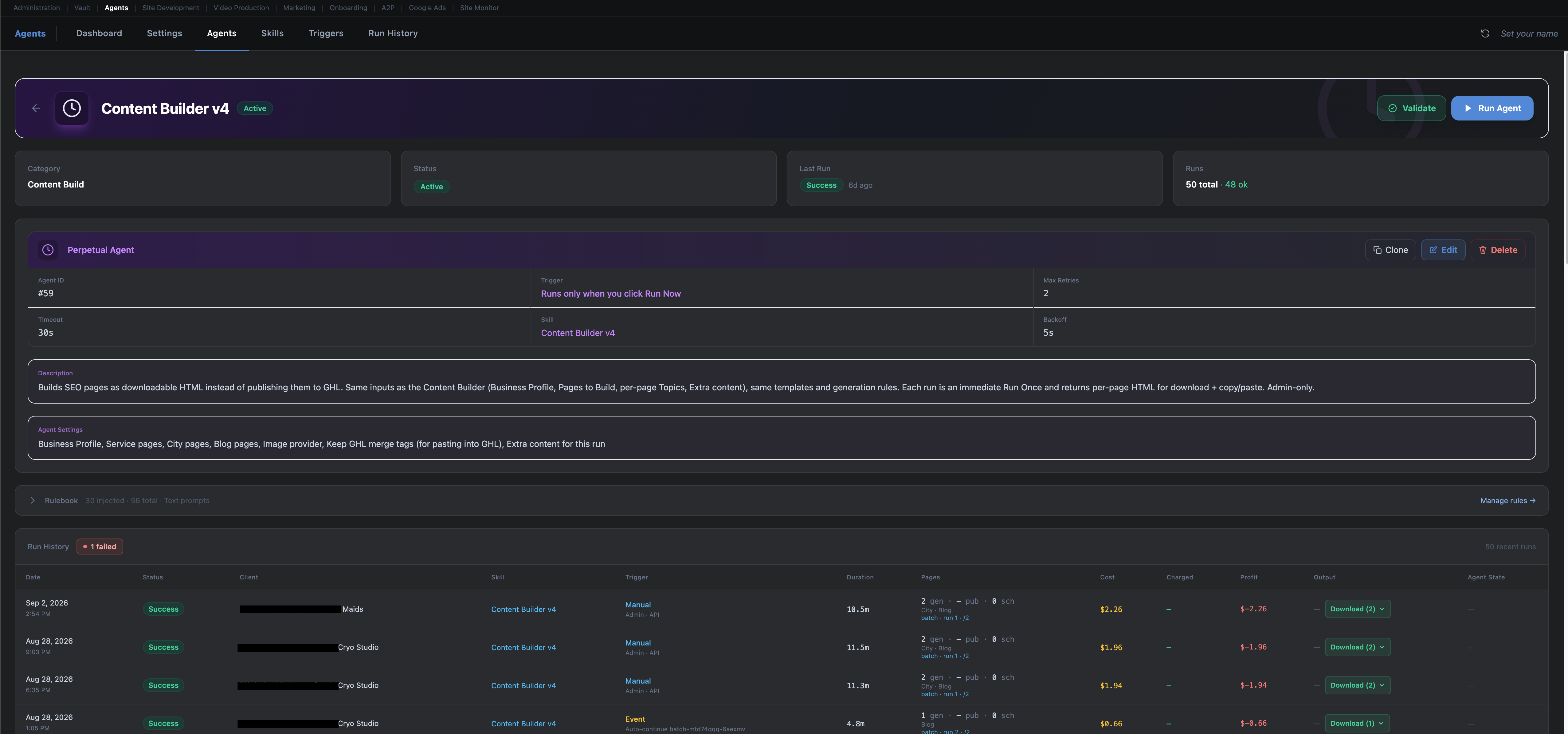 Current Content Builder v4 screen showing agent settings and run history with status, trigger, duration, page counts, and downloadable output