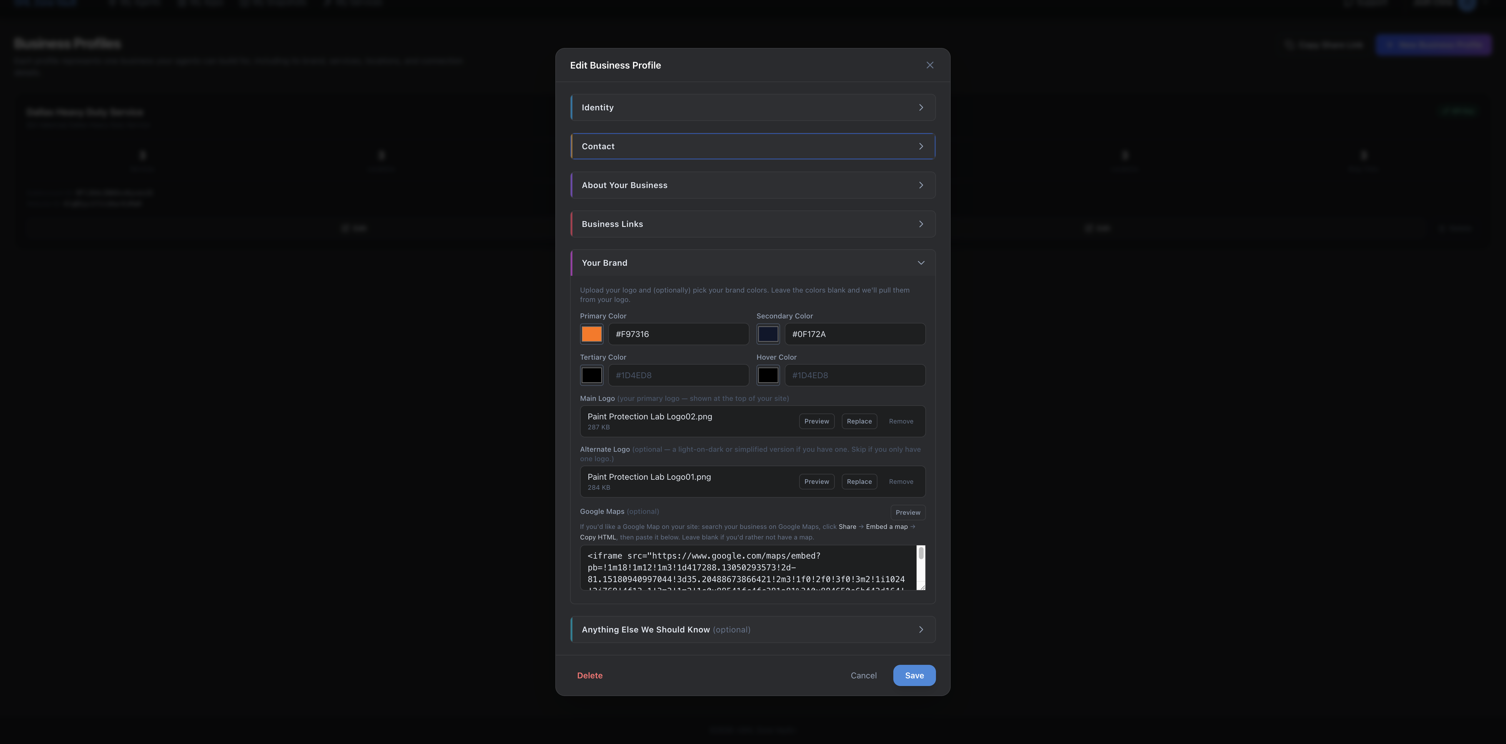 GHL Zone Business Profile editor with brand colors, logos, and business inputs