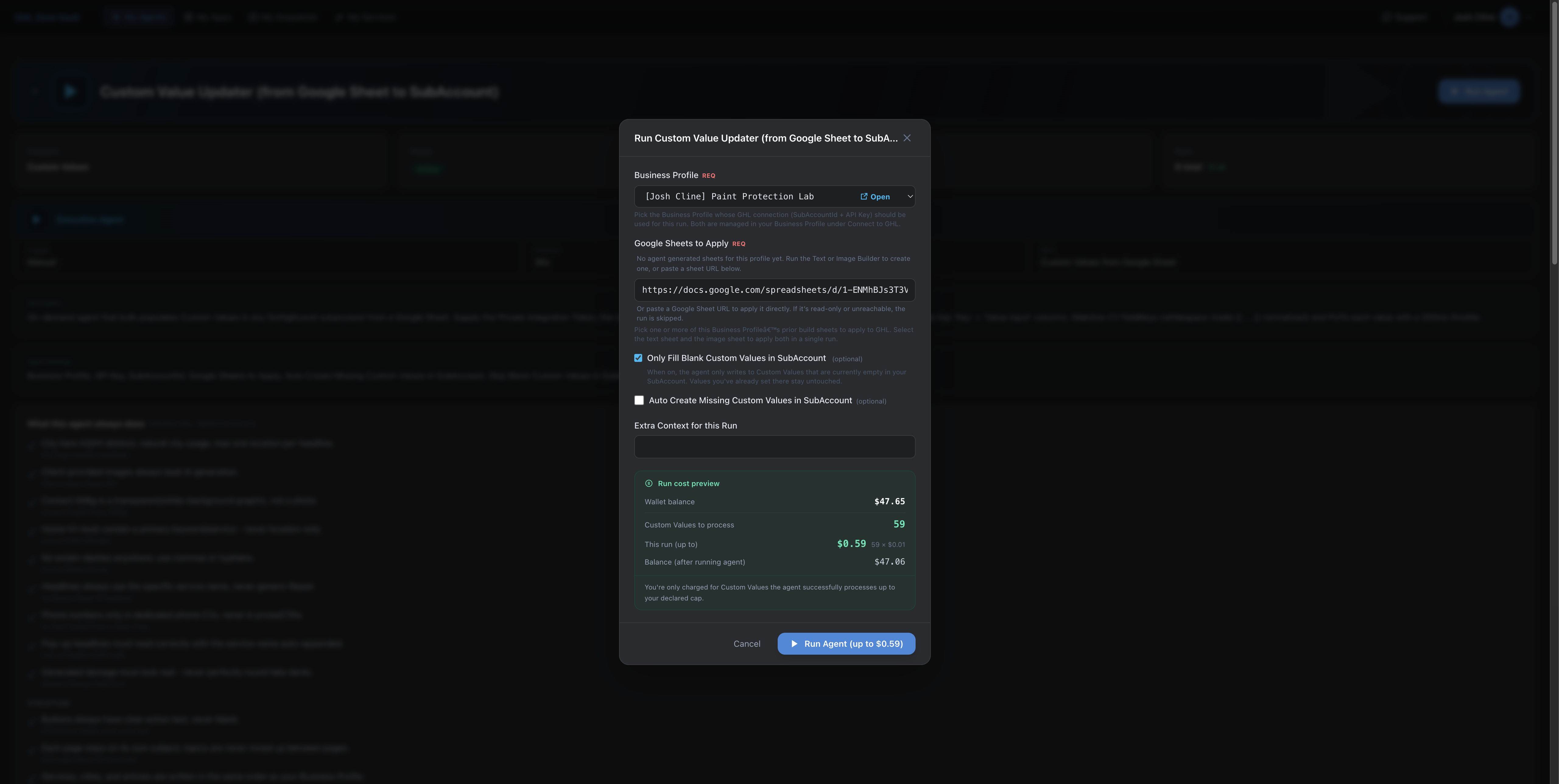 Custom Value Updater run modal with target sub-account, Google Sheet, blank-only setting, and cost preview