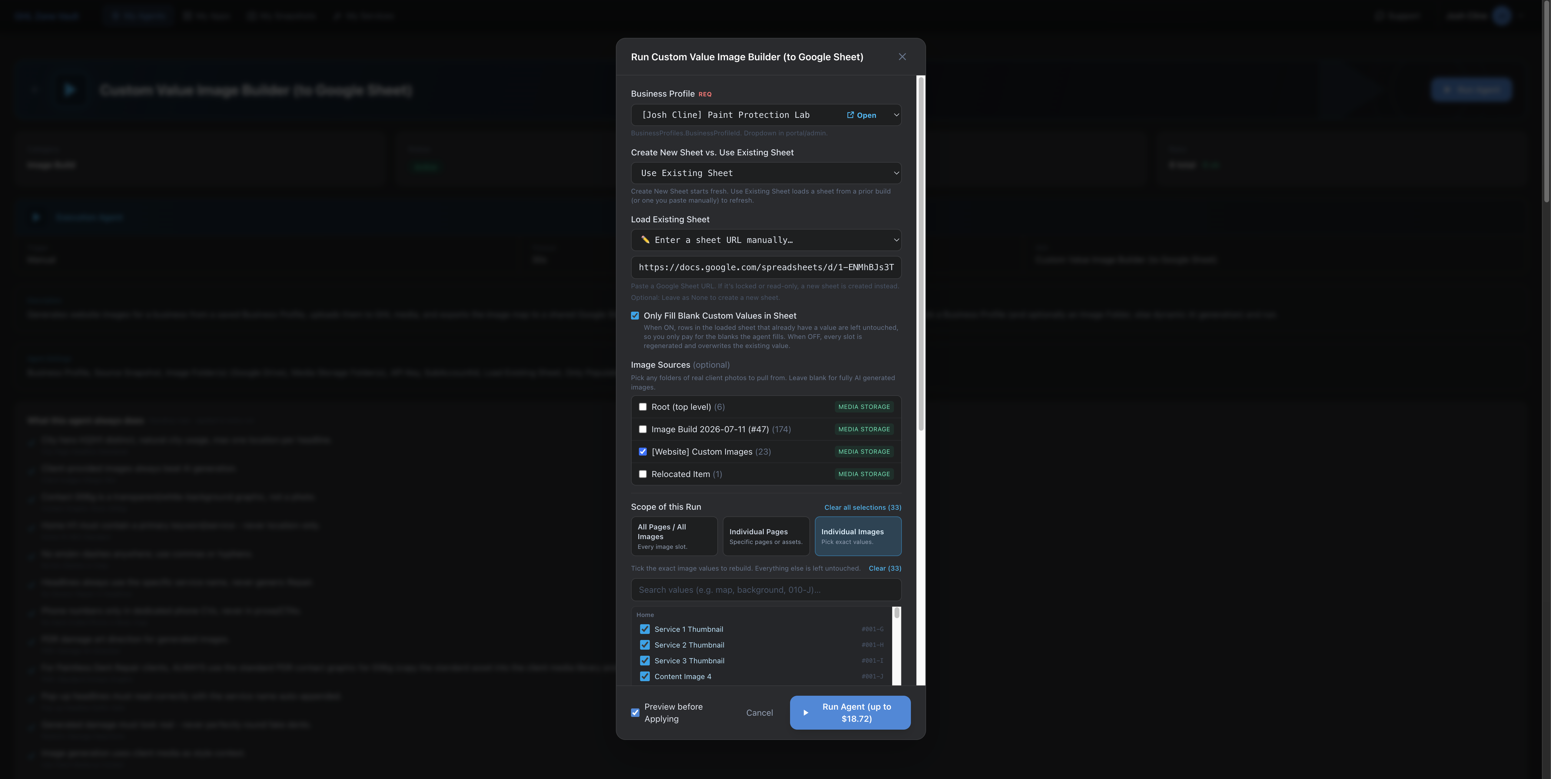 Custom Value Image Builder run modal with Media Storage folders, image selections, and preview controls