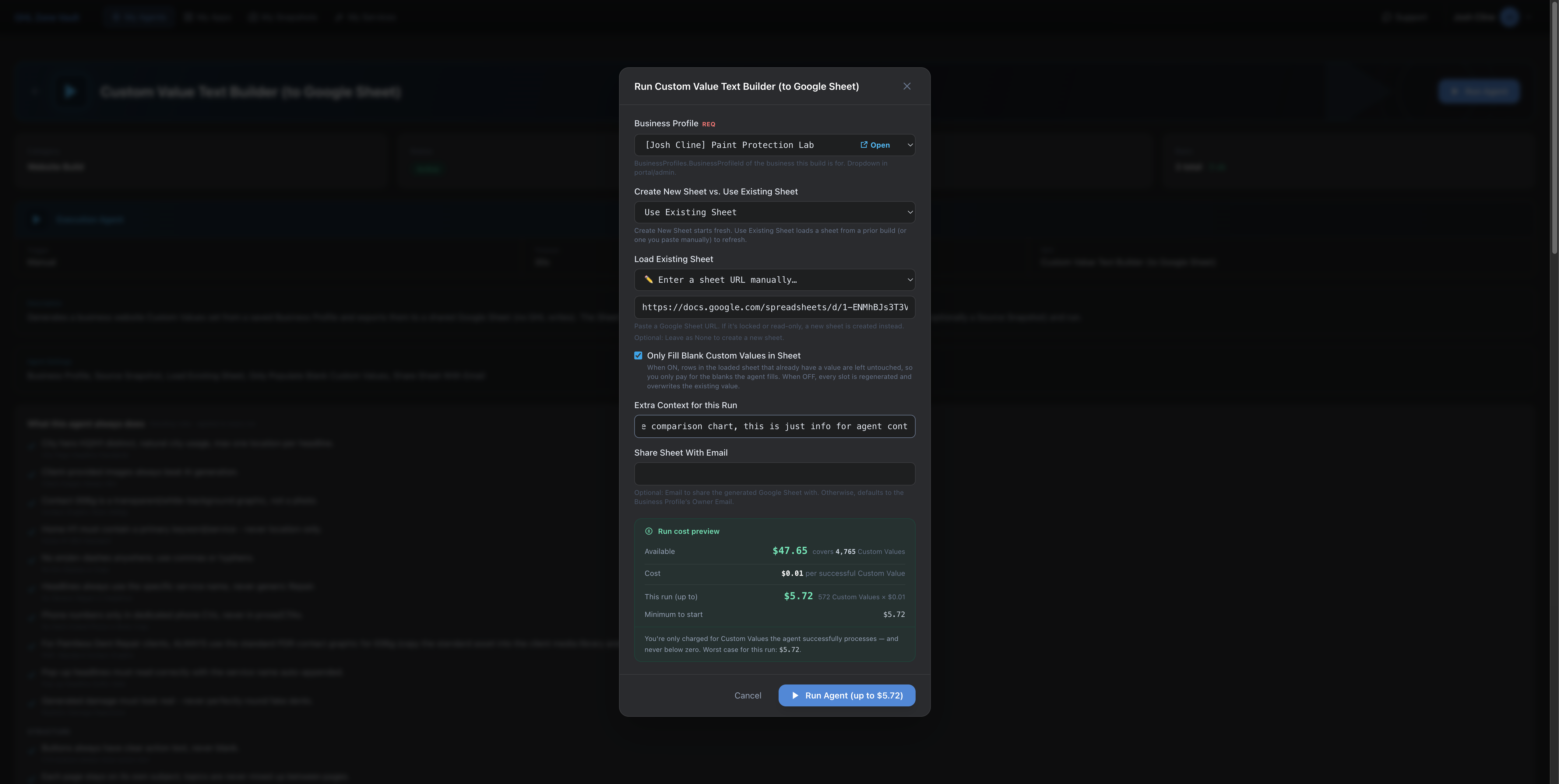 Custom Value Text Builder run modal with Google Sheet, blank-value control, extra context, and cost preview