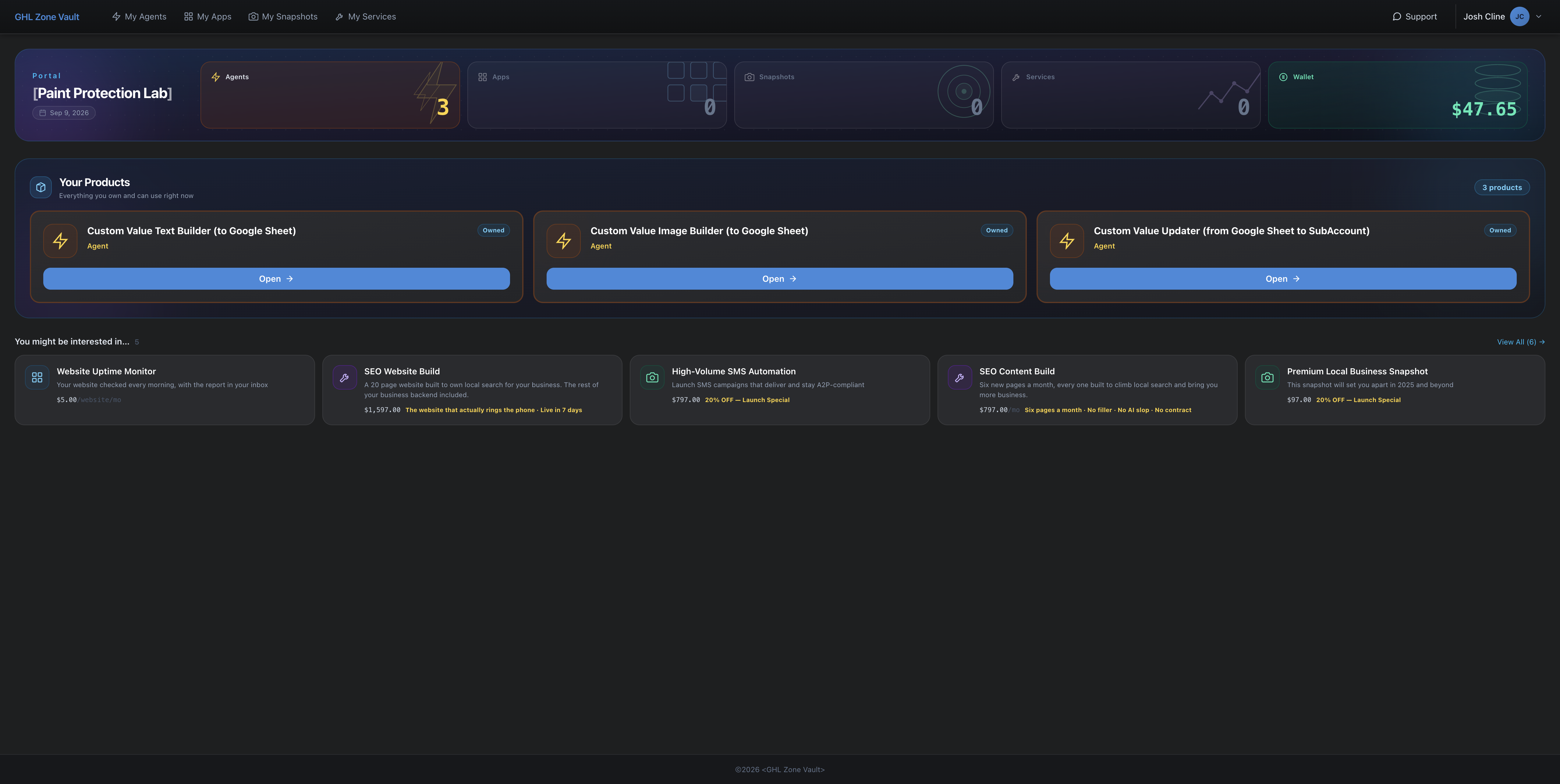 GHL Zone Vault dashboard showing Text Builder, Image Builder, and Custom Value Updater Agents