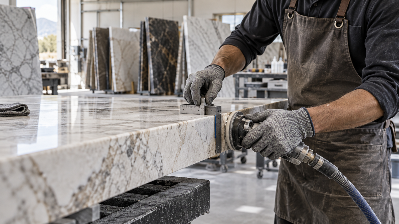 Stone fabricator working in a professional workshop