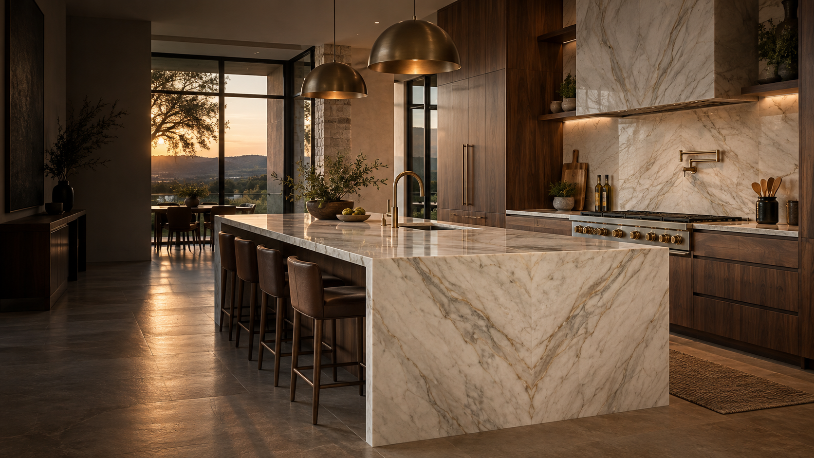 Luxury kitchen with quartzite waterfall island