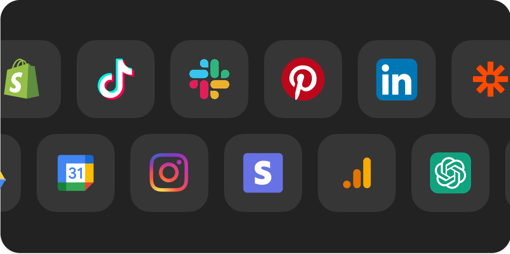 Icons representing various social media and productivity platforms, including Shopify, TikTok, Slack, Pinterest, LinkedIn, Google Calendar, Instagram, and analytics tools, illustrating seamless integrations for business automation and marketing performance.