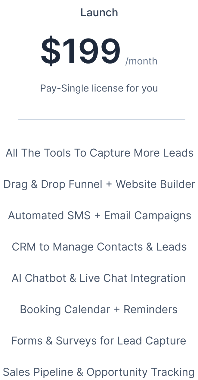 Launch pricing plan for Beeliance at $199/month, showcasing business automation tools including SMS and email campaigns, CRM, AI chatbot, booking calendar, and lead capture forms.