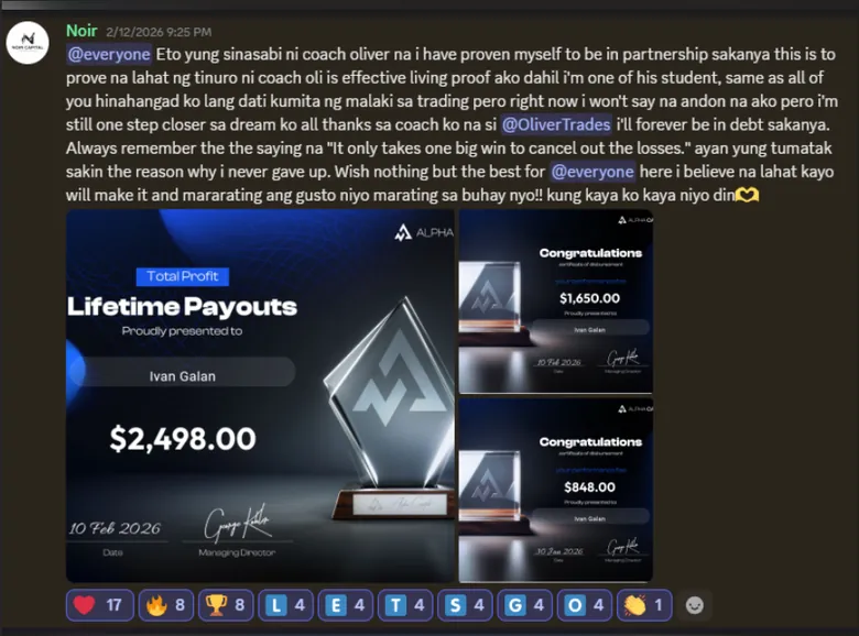 Discord post from Ivan Galan sharing Alpha Capital certificates: 2,498 US dollars in lifetime payouts, dated February 2026.