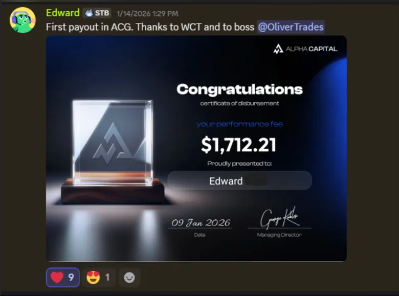 Discord post from Edward: first payout at Alpha Capital Group, certificate of disbursement for 1,712.21 US dollars, dated January 2026.