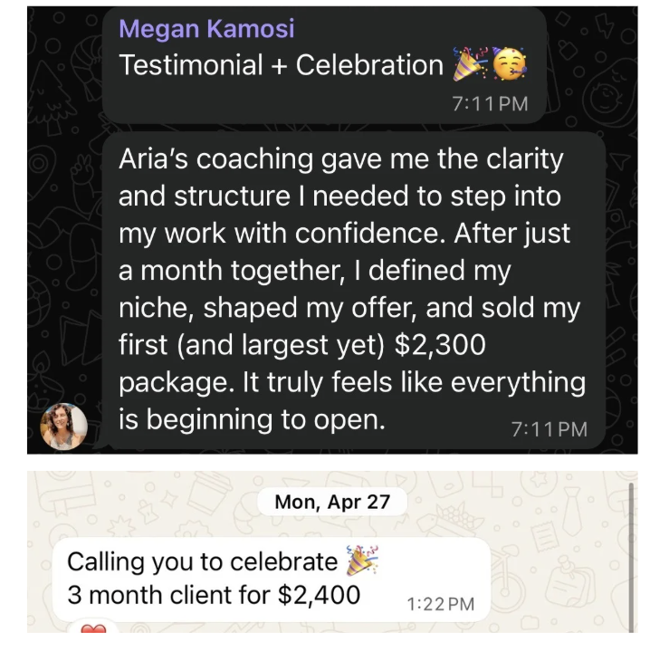 Text message from Megan Kamosi celebrating selling her first $2,300 package after working with Aria