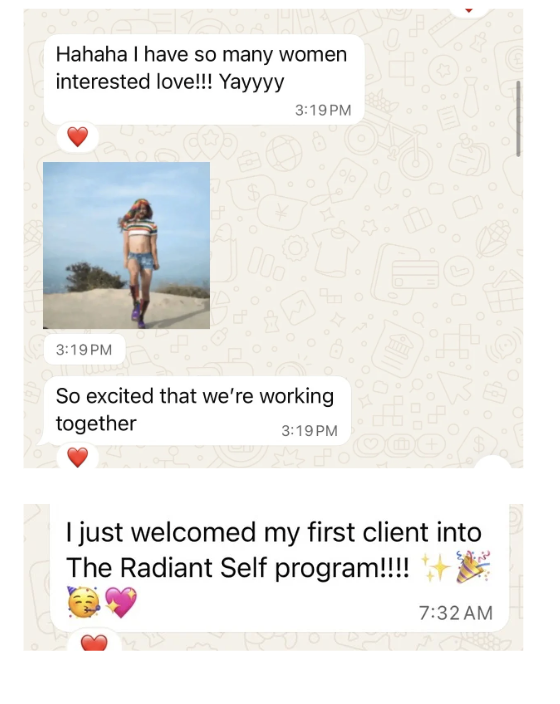 Client text messages excited about welcoming the first client into The Radiant Self program
