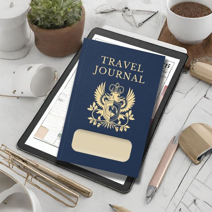 travel planning notebook and passport