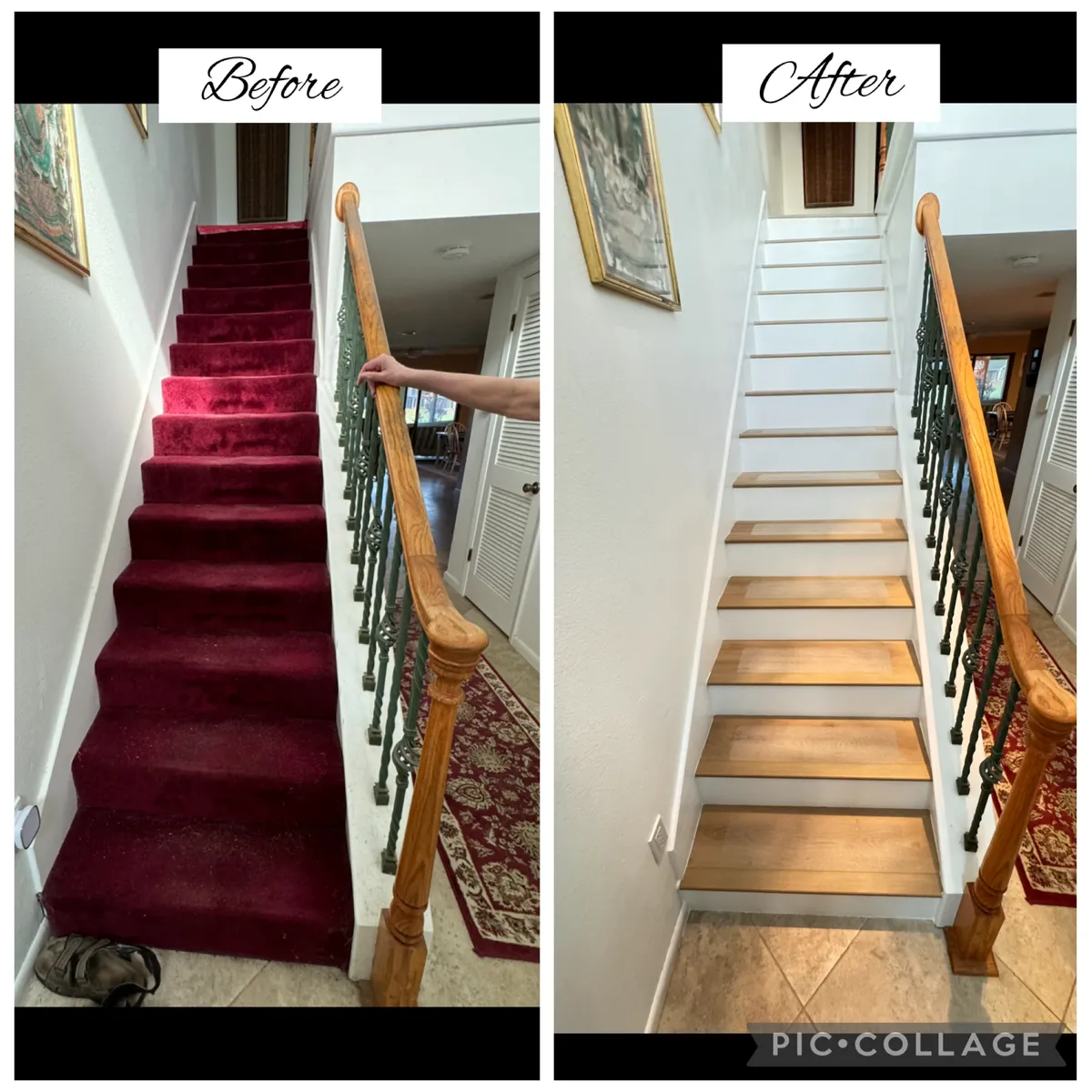 Before and after carpet installation on stairs by GC Trusted Builders in Brevard County Florida showing professional red carpet runner on residential staircase