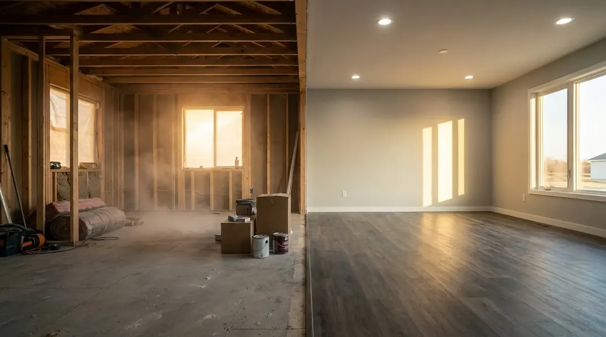 Interior renovation project showing the dramatic transformation from exposed framing and subflooring on the left to a beautifully finished room with hardwood floors, recessed lighting, and painted walls on the right. - GC Trusted Builders LLC