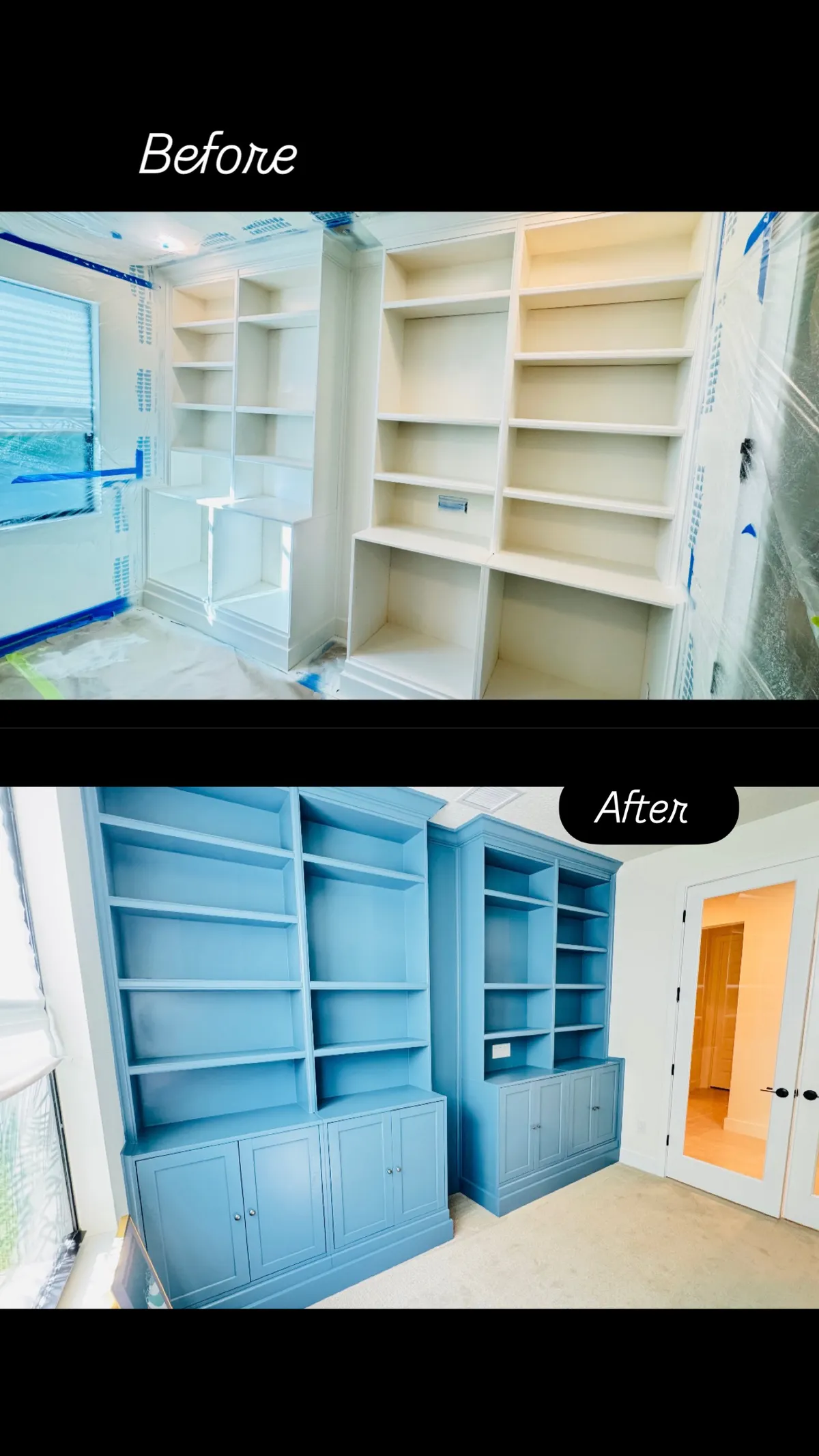 Before and after custom cabinet installation by GC Trusted Builders in Melbourne Florida showing complete kitchen transformation with new cabinetry