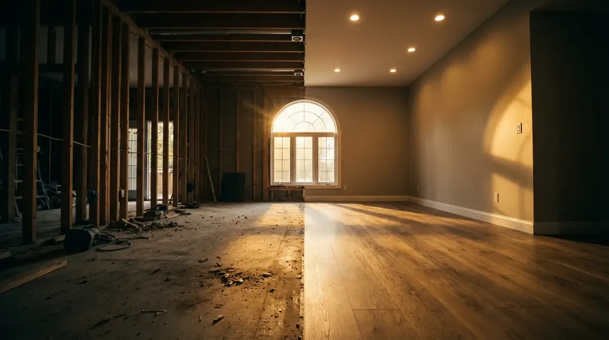 This before-and-after renovation image shows the dramatic transformation of an interior space, with exposed framing and construction debris on the left contrasting with beautiful finished hardwood flooring and recessed lighting on the right, highlighting the quality craftsmanship possible in home remodeling projects. - GC Trusted Builders LLC