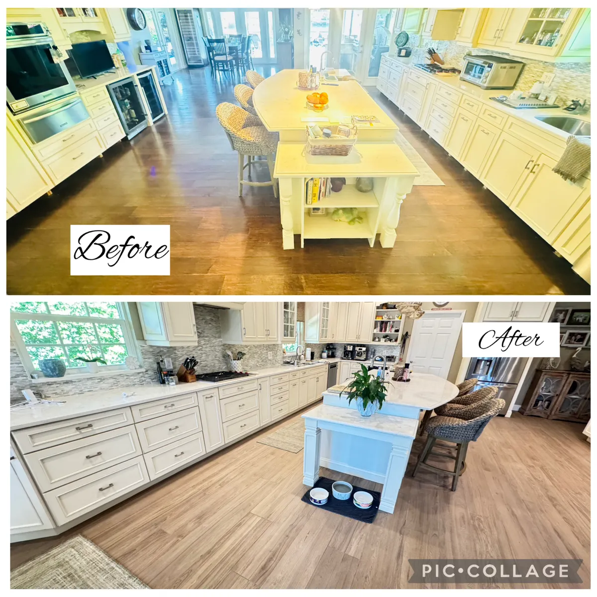 Before and after full kitchen remodel by GC Trusted Builders LLC in Brevard County Florida featuring new cabinets countertops and flooring