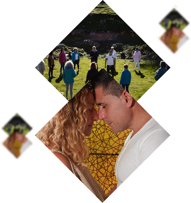 Collage en forma de rombo: ritual en círculo y retrato íntimo de Rosa y Sabin