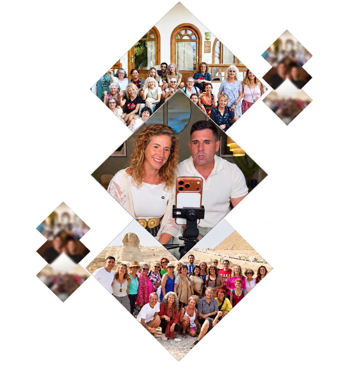 Collage en forma de rombo con Rosa y Sabin junto a grupos en Egipto y retiros